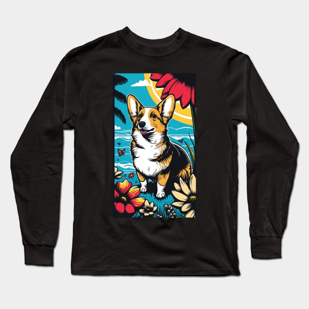 Corgi Dog Vibrant Tropical Flower Tall Retro Vintage Digital Pop Art Portrait 2 Long Sleeve T-Shirt by ArtHouseFlunky